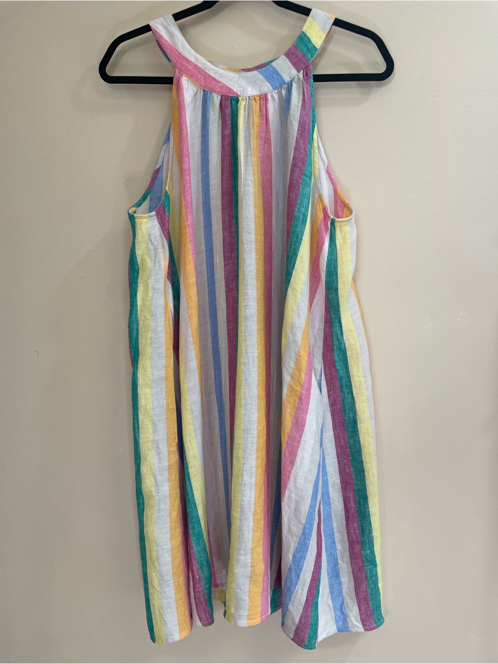 C&C California 100% Linen Sleeveless Halter Dress– Size L – Rainbow Multi-Stripe